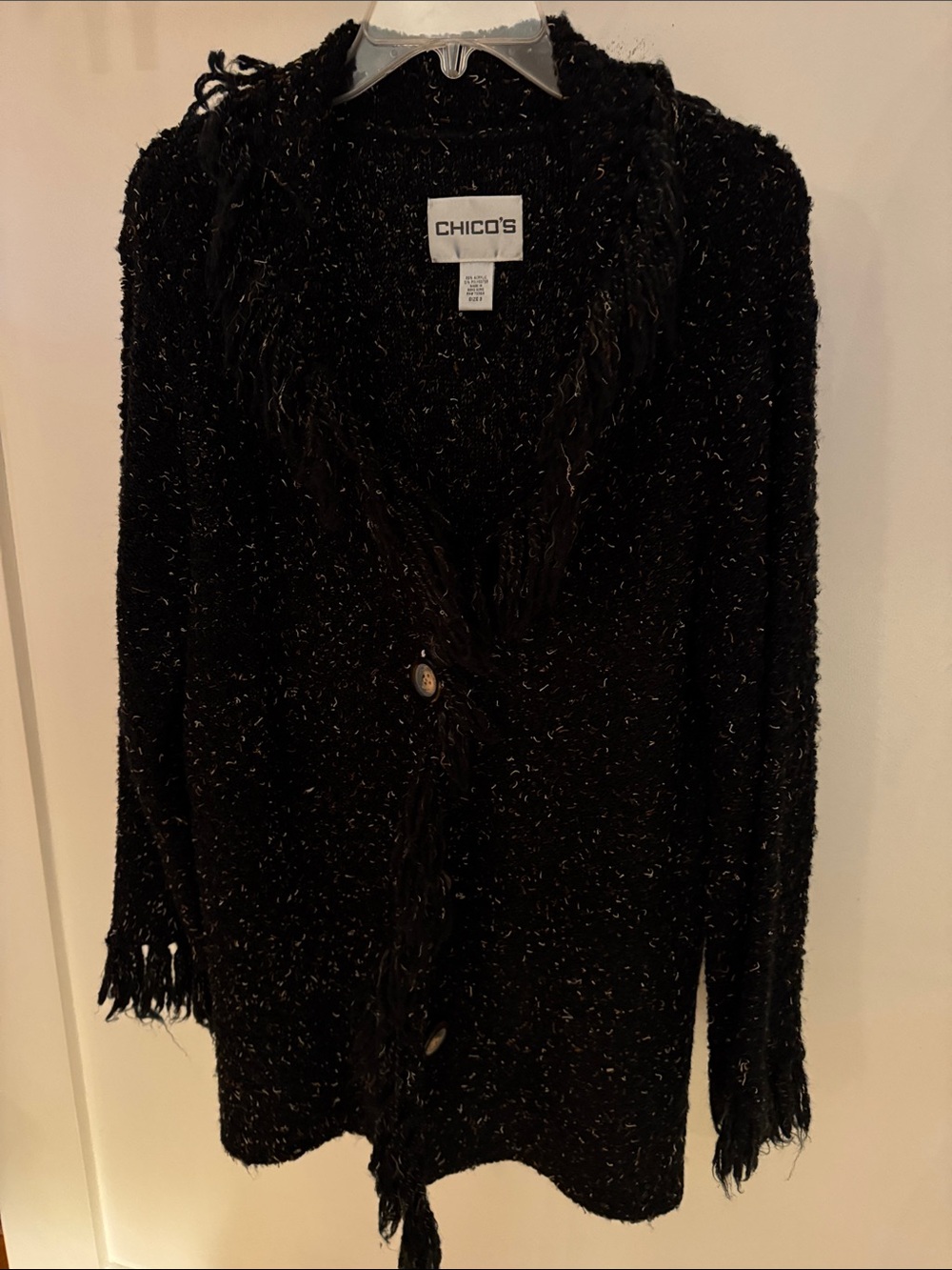Chico's Black Fringe Button-Front Knit Cardigan